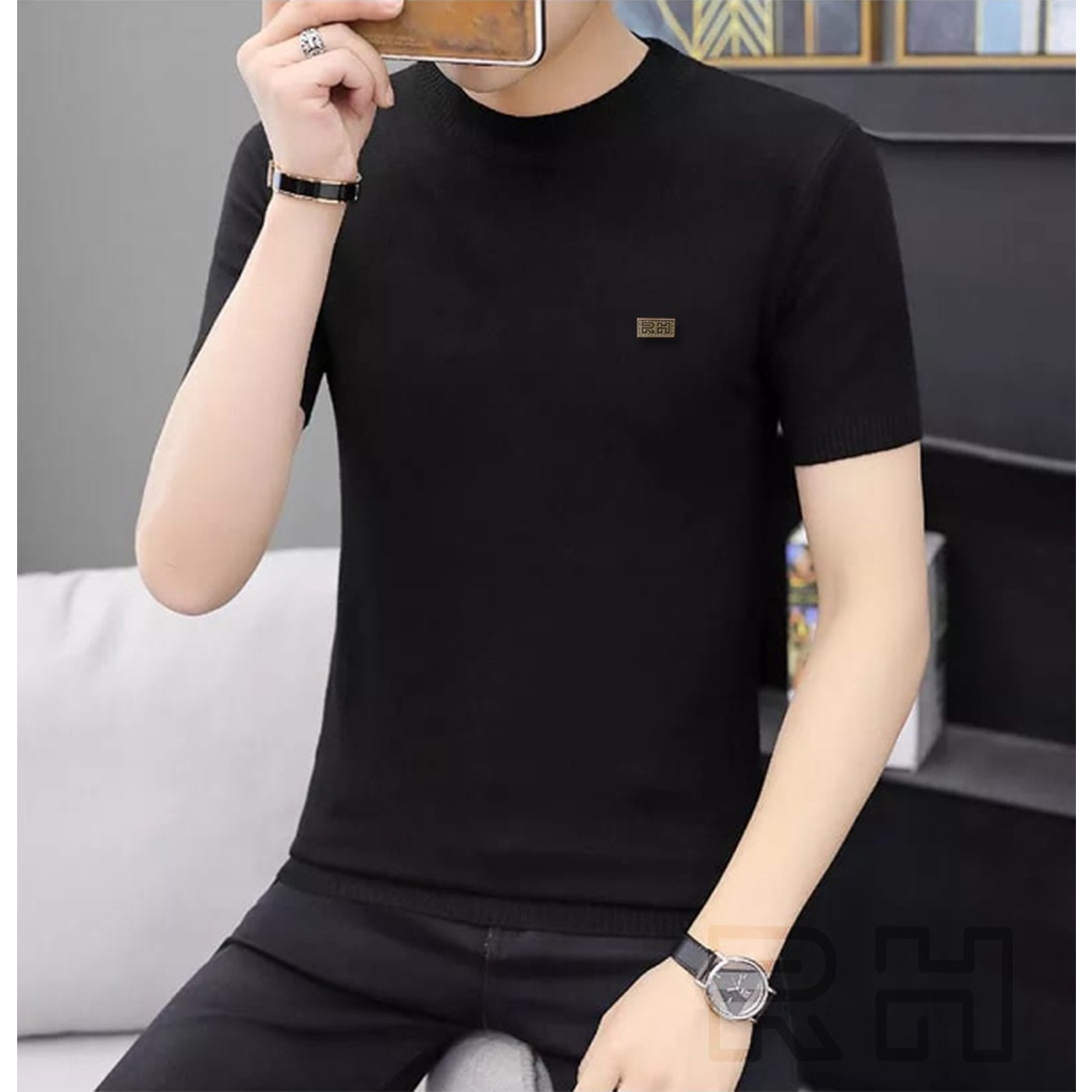 RH - Baju Rajut Turtleneck kerah tinggi lengan pendek slim fit kaos rajutan santai