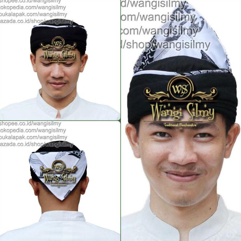Terbaru Iket Kepala Sunda Kombinasi Makuta Naga & Candra Sumirat Hitam Motif Batik Putih - Iket Blan