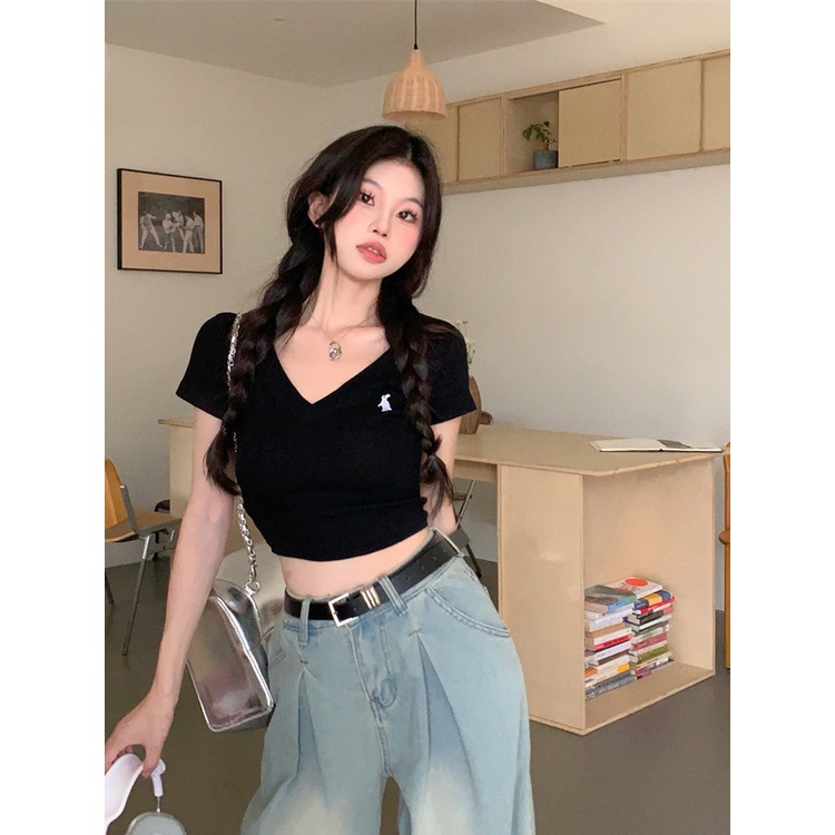 Red Spice girl V-neck hitam lengan pendek T-shirt wanita musim panas ceruk ketat Perancis pendek crop top in pasang