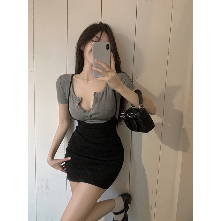 Red Hot girl sexy suspender strap dress female summer 2023 new black skirt waist slimming package hip skirt