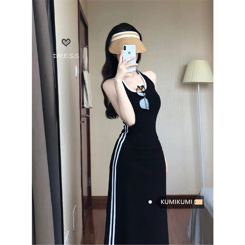 Red Pure desire hot girl hit color striped halter neck dress female summer waist bag hip A-line skirt long skirt