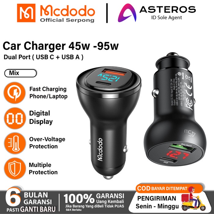 Terlaris Adaptor Charger Mobil Mcdodo Fast Charging 25W Dual Port 45W - 95W