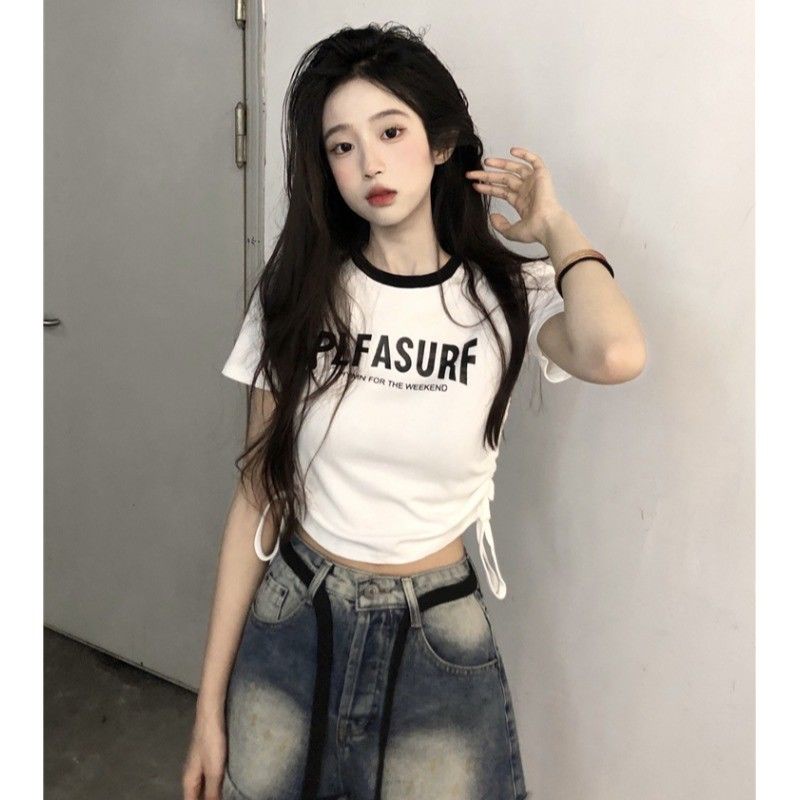 Red Cetak Huruf Putih Lengan Pendek T-shirt Wanita Musim Panas Rasa Desain Tali Serut Lipit Slim-Fit Pendek Pinggang Tinggi hot Girl Top
