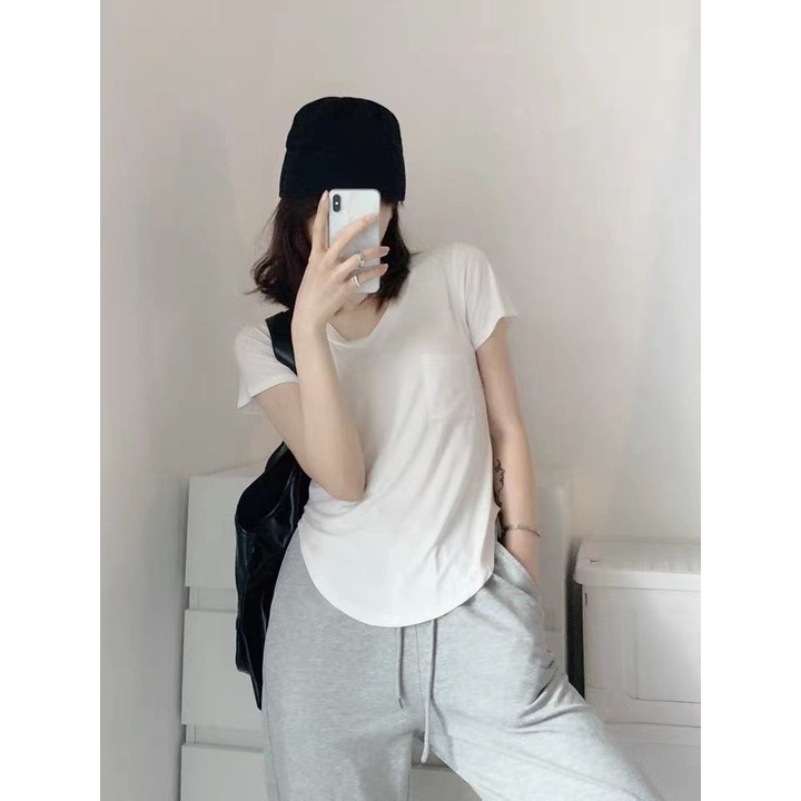 Red Katun Modal V-Leher Olahraga Lengan Pendek T-shirt Wanita Bahu Terlihat Tipis Musim Panas Bagian Tipis Menggantungkan Keliman Melengkung Murni Desire Top