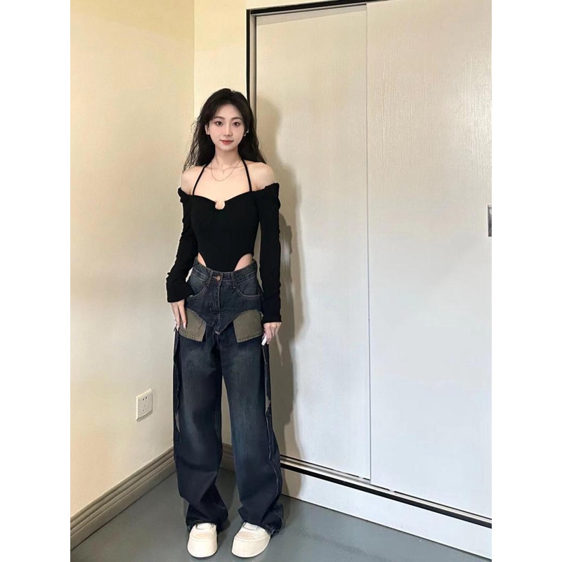 Red Keinginan murni hot girl style U-shape strap black slim body jumpsuit 2023 gaya musim semi dan musim gugur Atasan desain gaya Hong Kong