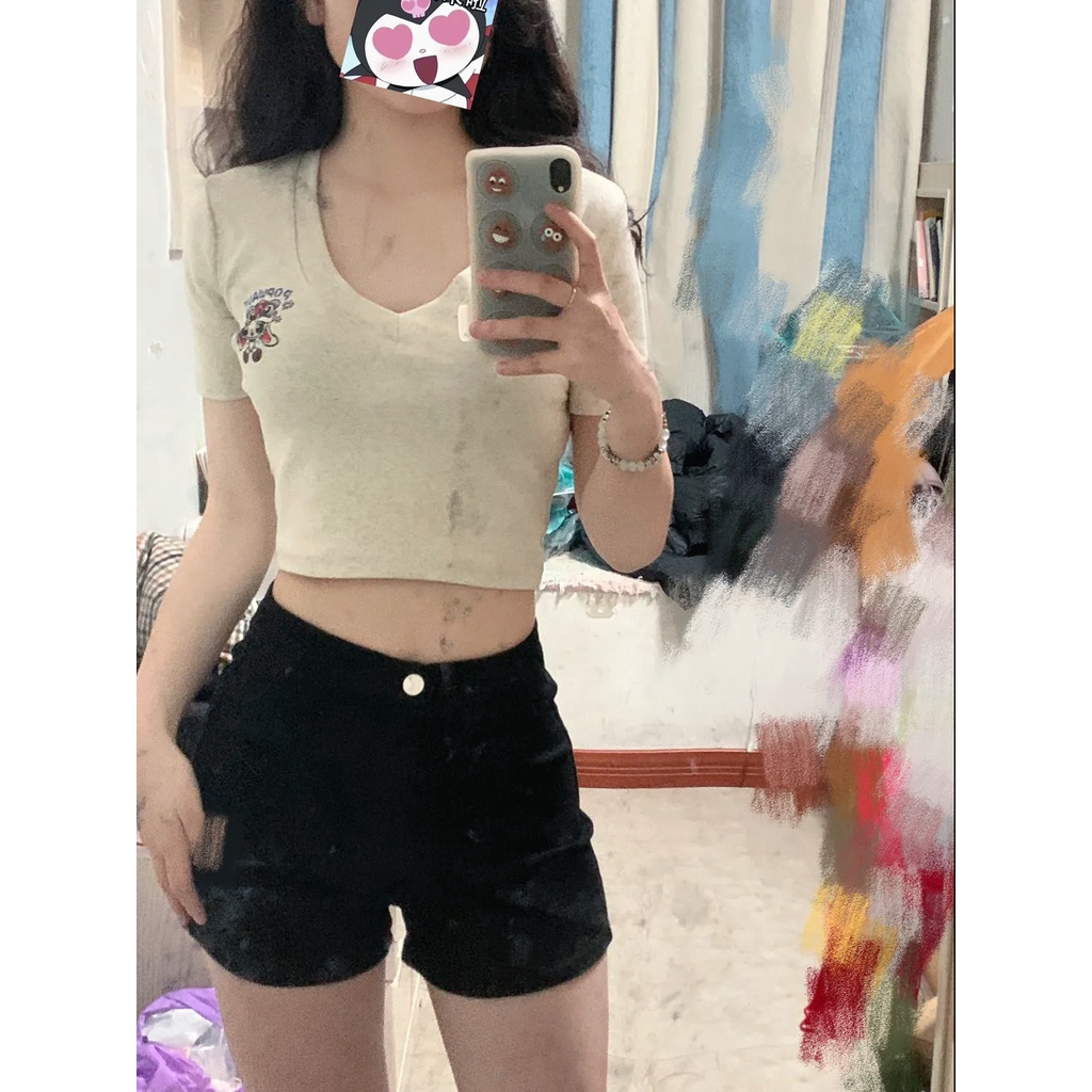 Red Pure Desire Style V-neck Bahu Depan T-shirt Wanita Musim Panas Baru Pinggang Ramping Pelangsing Lengan Pendek In Pendek Manis gadis Panas Atasan