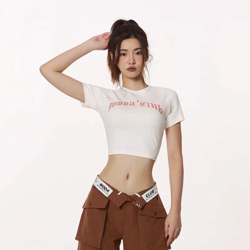 Red WODA CLUB American hot girl style Gothic letter printing short T-shirt female spring tight and thin short-sleeve top