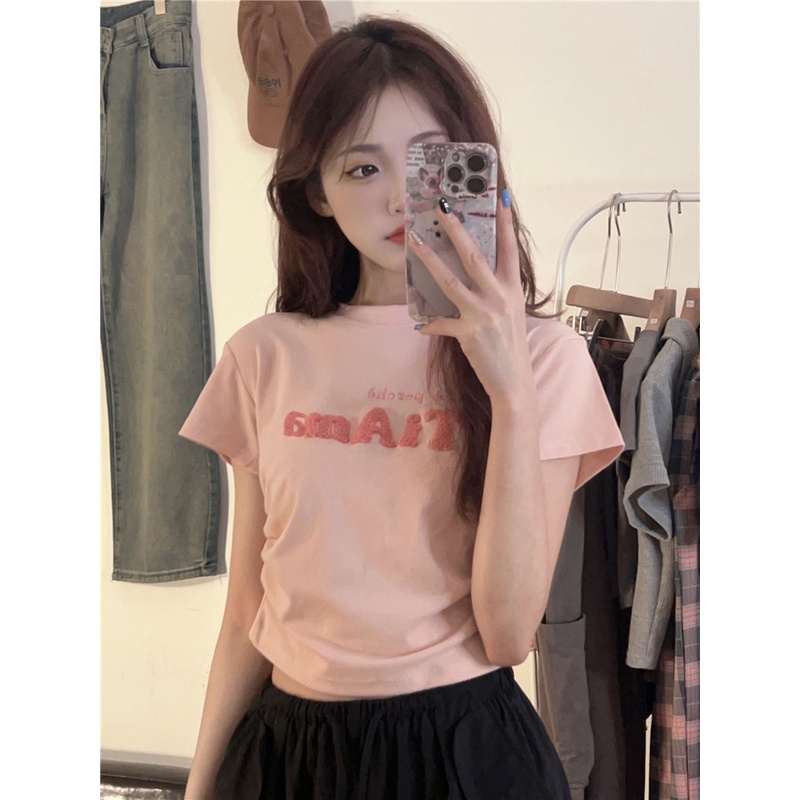 Red Musim Panas Retro High Street Kapas Tiga Dimensi Berkelompok Bordir Lengan Pendek T-shirt Wanita Tinggi Pinggang Bagian Tipis Panas Manis gadis Pendek Top