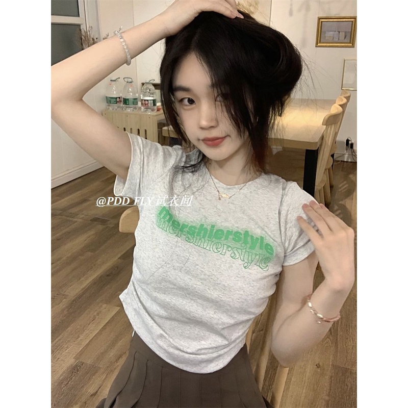 Red American Retro Slim Pendek Bottoming Kemeja Atasan In Tide Musim Panas Cetak Huruf Leher Bulat Lipit Lengan Pendek T-shirt Wanita