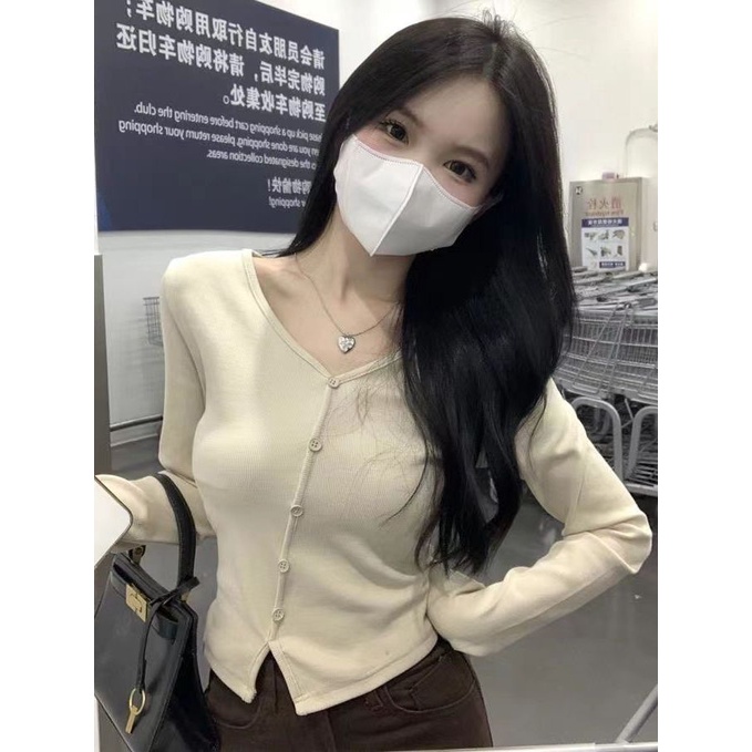 Red Manis dan tidak beraturan V-neck lengan panjang inst-kemeja wanita musim gugur temperamen baru budidaya diri dan hot girl pendek atasan wanita fashion