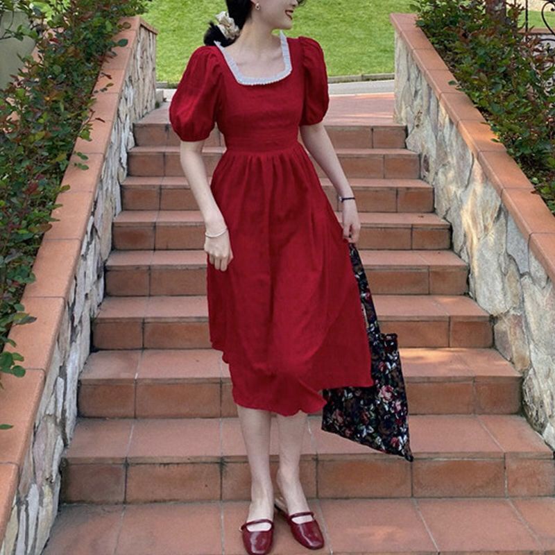 Red Perancis retro lengan pendek gaun musim panas pakaian wanita baru mutiara persegi kerah slim dan asin manis platycodon mid-length dress untuk wanita