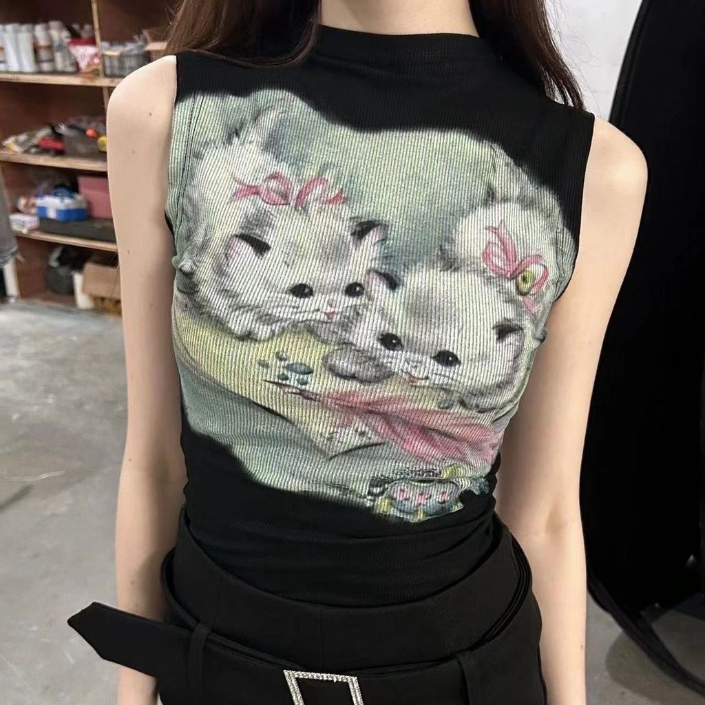 Red In Amerika ceruk musim panas lengan pendek rompi T-shirt kucing cetak kuning panas gadis slim slim stretch atasan wanita