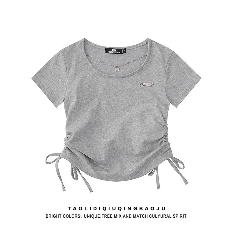 Red Katun Putih Murni Keinginan Tali Serut Lengan Pendek T-shirt Wanita Slim Gadis Panas All-Match Depan Bahu Pendek atasan Musim Panas Slim