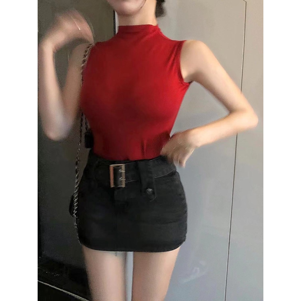 Red Angin Keinginan Murni Gaya Korea Rompi Kerah Setengah Tinggi Wanita Musim Panas Temperamen Baru Fashion Slim Slim Pendek Tanpa Lengan Top Tide