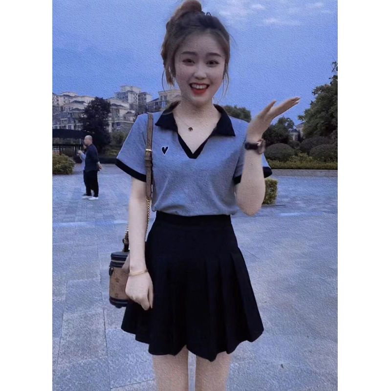 Red 2023 Musim Panas Gaya Korea Fashion Cinta Bordir Warna Yang Sesuai dengan Polo Kerah Lengan Pendek Atasan Pinggang Tinggi Di Atas Lutut Setelan Rok Lipit