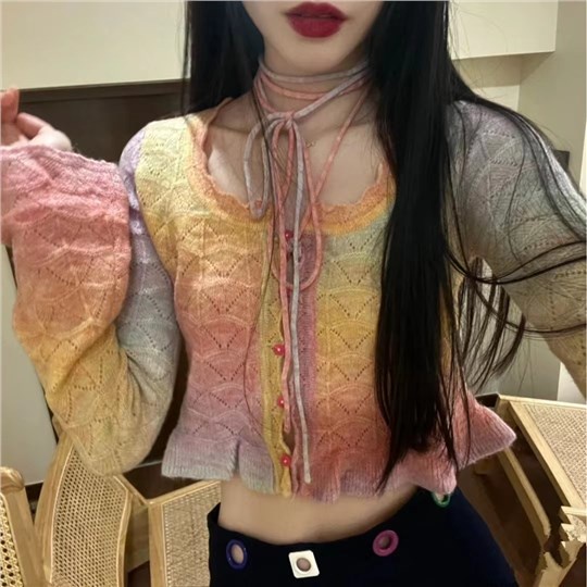 Red Heartdrugs ice peach berry warna pelangi keinginan murni rajutan kardigan sweater gadis manis tanduk berongga atasan lengan panjang