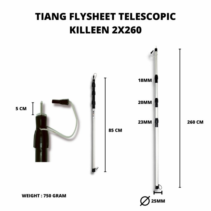 Tiang Flysheet Teleskopik Double Alumunium 260 CM For Bivak Tenda
