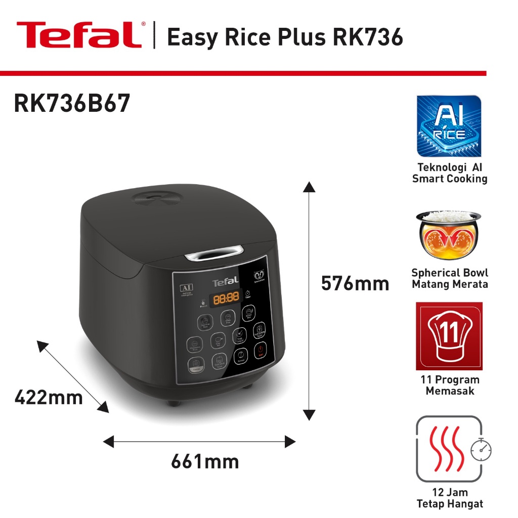 Tefal 1.8L Easy Rice Plus RK736 Rice Cooker, 11 Menu, Black, Hitam