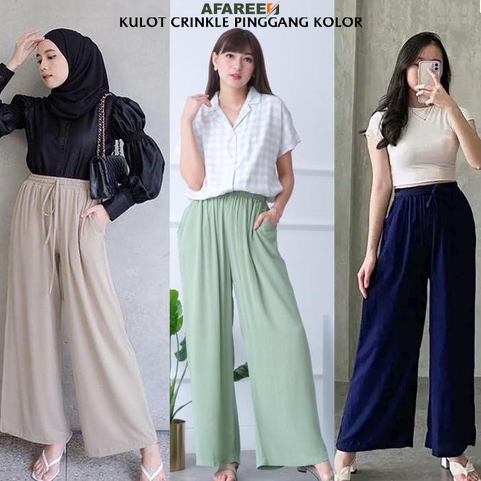 (( BISA COD) KULOT CRINKLE AIRFLOW CELANA PANJANG WANITA BASIC POLOS PINGGANG KOLOR