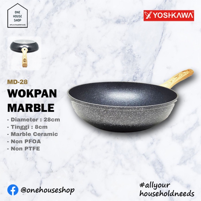 Wajan Wok Pan Anti Lengket YOSHIKAWA Marble Ceramic Wok 28 cm