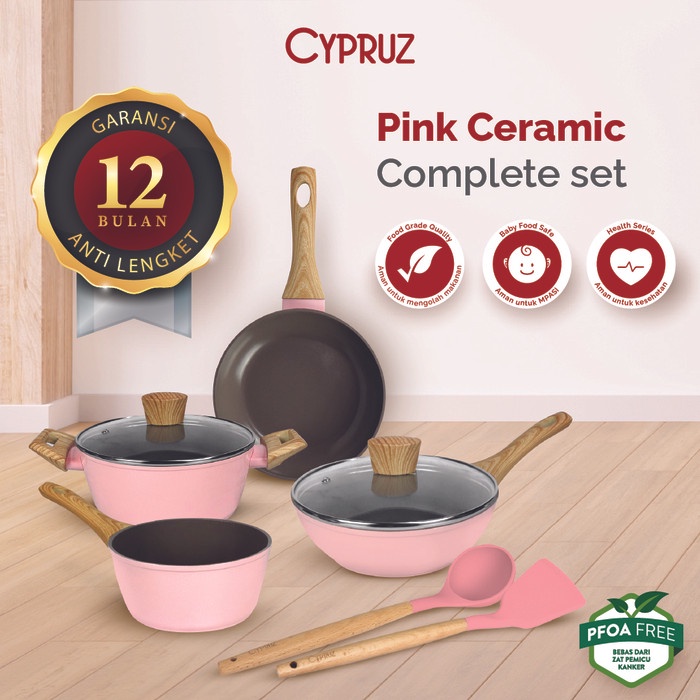 Cypruz Peralatan Masak Dapur Anti Lengket Pink Ceramic Complate Set