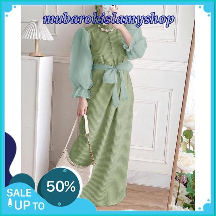 DRESS MAXY VIENITA MAXI GAMIS BAHAN KNIT MANGO PREMIUM BAGIAN LENGAN LAPIS ORGANZA, KANCING DEPAN VA