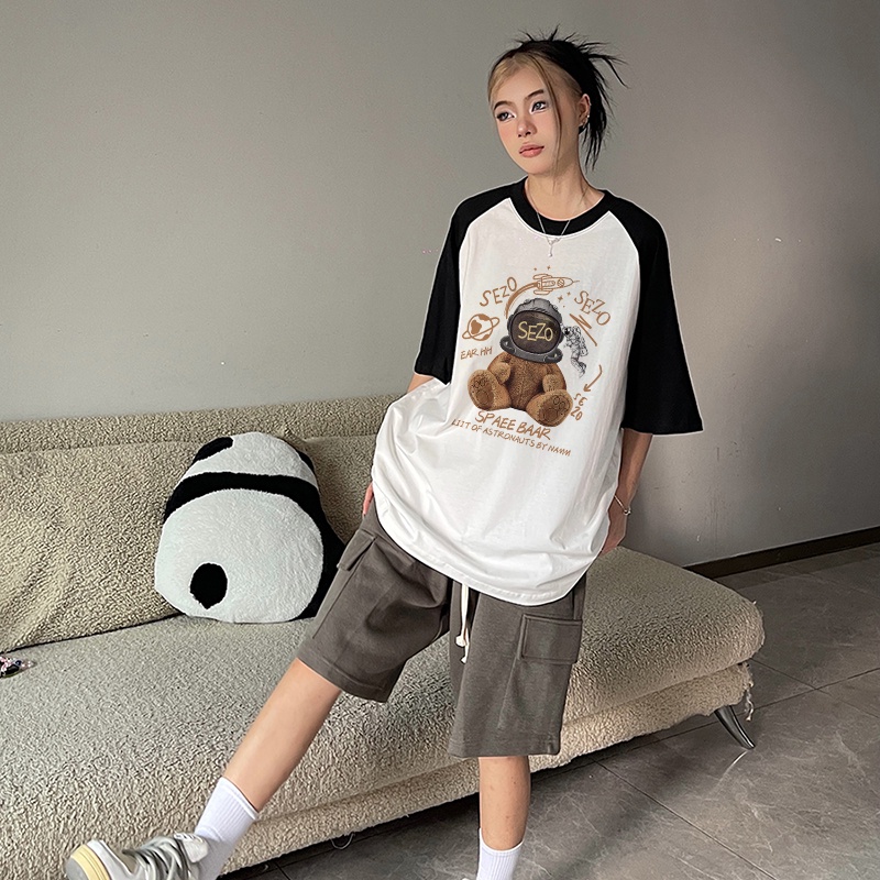 Print T-shirt Kaos Lengan Pendek Cartoon Sezo Aero Bear Printing Oversize Atasan Wanita Korean Style