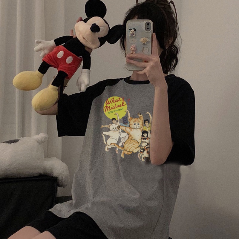 Print T-shirt Kaos Lengan Pendek Cartoon Funny Cat Printing Oversize Atasan Wanita Korean Style