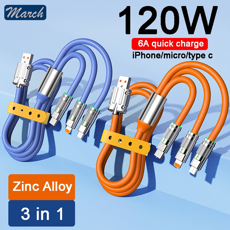 3in1 Kabel Data 120W 6A Super Fast Charge Micro USB Type-C iPhone Pengisian Super Cepat Silikon Cair For iP iOS Lightning Fast Charging XIAOMI OPPO VIVO HUAWEI SUMSUNG