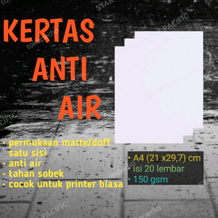 

Terlaris Kertas Anti Air Matte/Doff A4 Isi 20 Lembar Waterproof/Yupo Inkjet