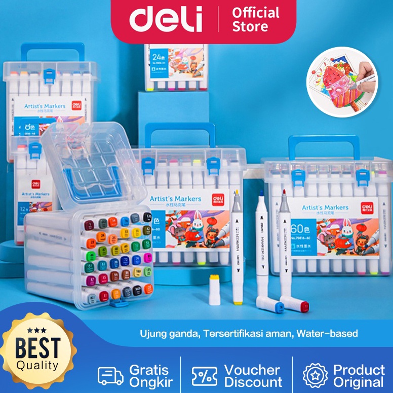 

Kualitas Premium.. Deli Sketch Marker / Water-based Marker / Spidol Sketsa Double Tip 12 hingga 80 Warna 70816 GVR
