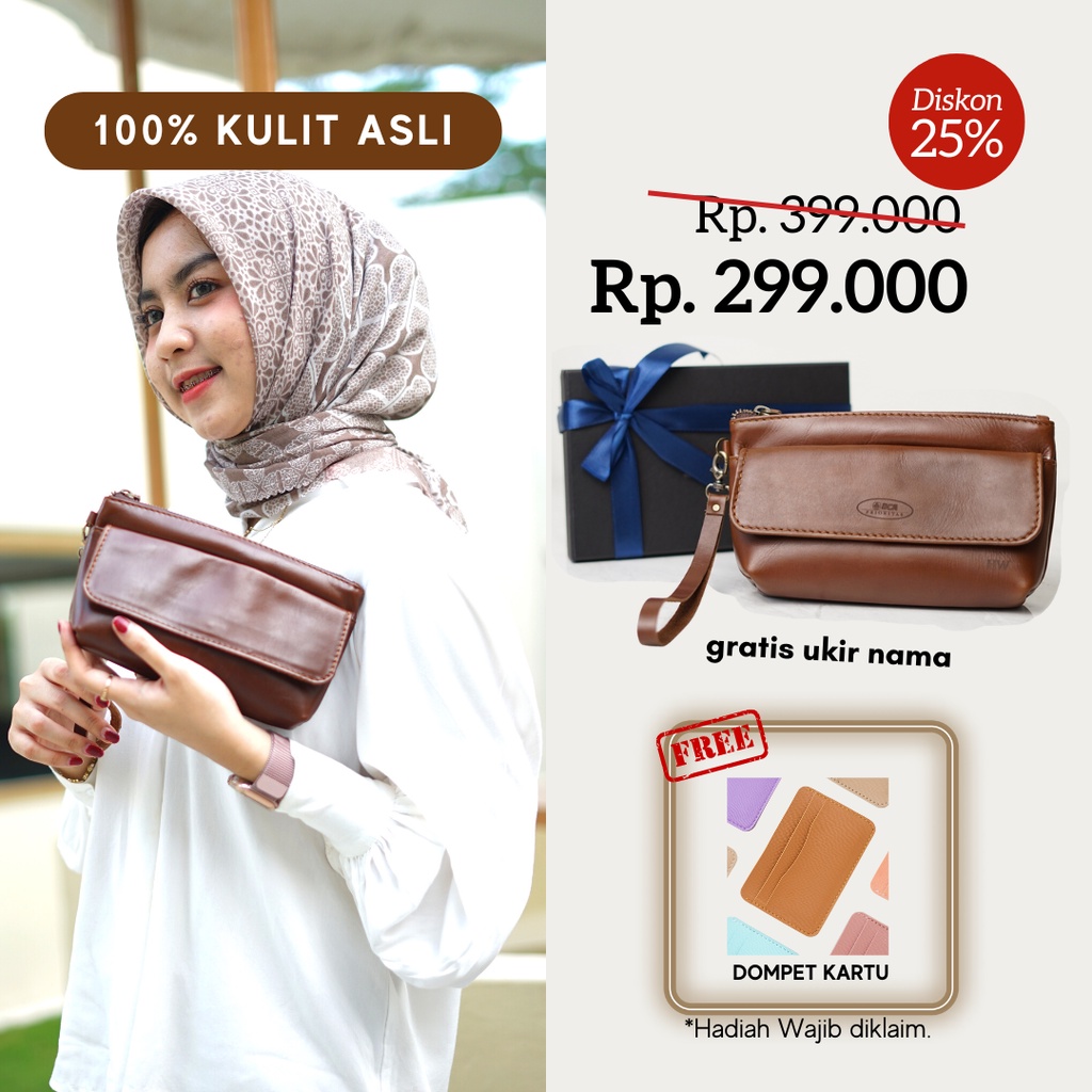 CLUTCH POUCH DOMPET PANJANG WANITA KULIT ASLI  ORIGINAL 100% MORAN - GRATIS CUSTOM UKIRAN NAMA