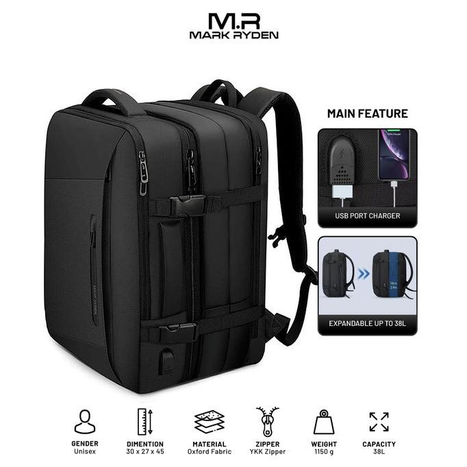 Mark Ryden MR9299KR Backpack Bag USB - Tas Ransel Laptop 17" - BLACK