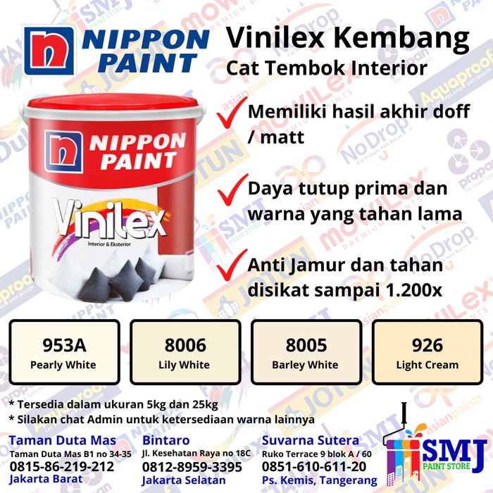 CAT TEMBOK INTERIOR NIPPON PAINT VINILEX WARNA PUTIH KEMASAN 5 KG