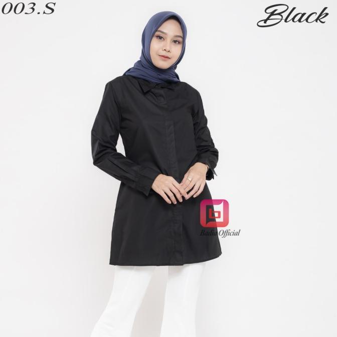 Trend Kemeja Tunik Hitam Polos Panjang Kancing Nututupi Bokong Pantat Wanita Sale