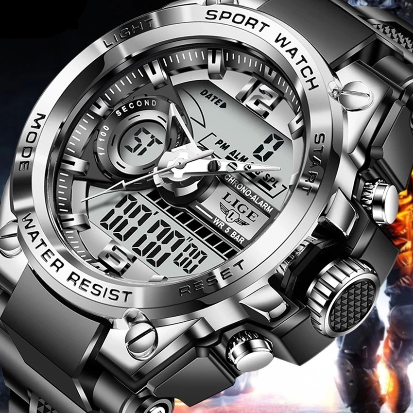 ✨Original✨ LIGE Jam Tangan Digital Pria Multifungsi Arloji Bercahaya Waktu Ganda Kalender Jam Tangan