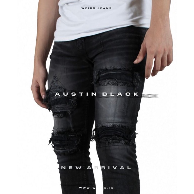 Sale Terbatas Weird Jeans - Austin Black - Celana Jeans Pria Skinny Slimfit Ripped Sobek Tambal