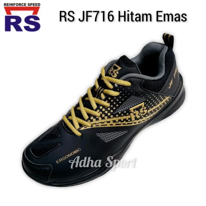 Terbaru Sepatu Badminton Rs Jf716 / Jf 716 Hitam Emas Original Bulutangkis