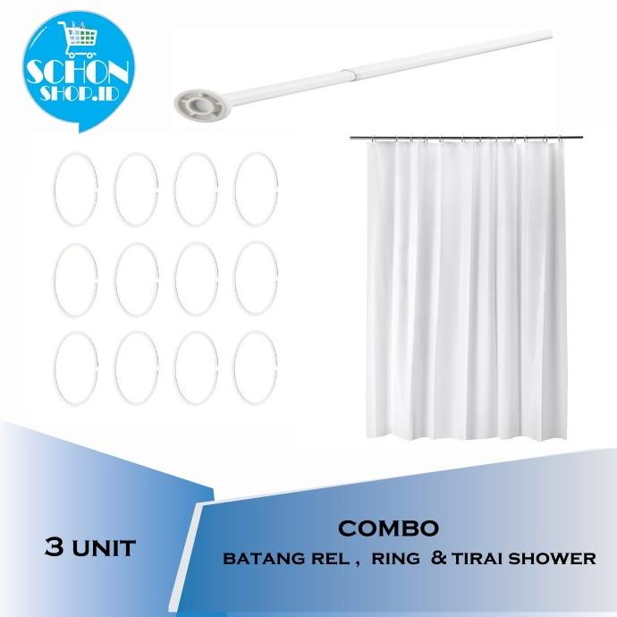Tirai Kamar Mandi Shower/Tiang Batang Rel / Ring KamarMandi 3set Combo