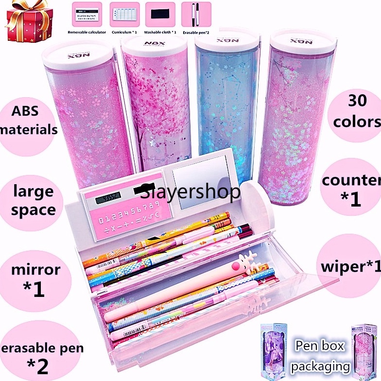 

Ready NBX Pencil Cases Multifunctional Standing Quicksand Pencil Case Organizer Double Layer Cylindrical Cute Pen Bag Holder with Mirror Calculator Large Capacity Storage Stationery Box QSA