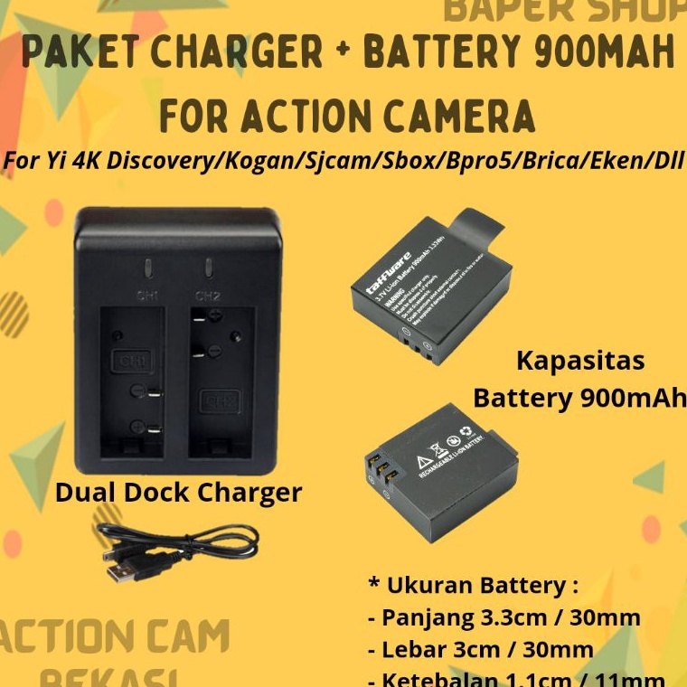 ORIGINAL% Dual Dock Charger Dan Baterai 2 Battery Yi 4K Discovery Kogan Brica Sjcam Kogan Sbox BPRO M10 Eken