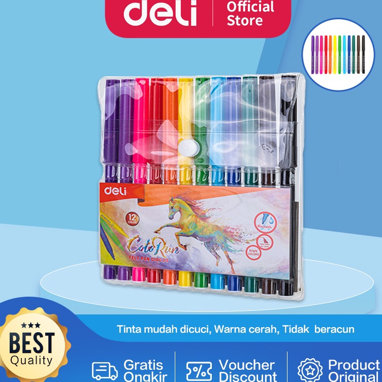 

>XG34448< Deli Spidol Warna - Felt Pen dapat dicuci 1.0mm 12 Warna EC10003