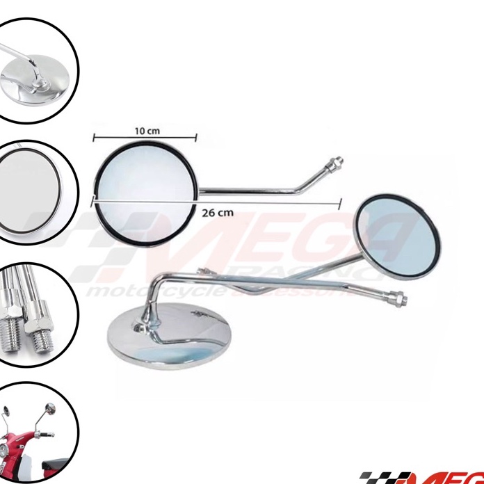 ≛ Kaca Spion Tipe Vespa Model Reto Classic Bulat Full Crom Drat Yamaha Honda Model c50 c70 c90 Chrom