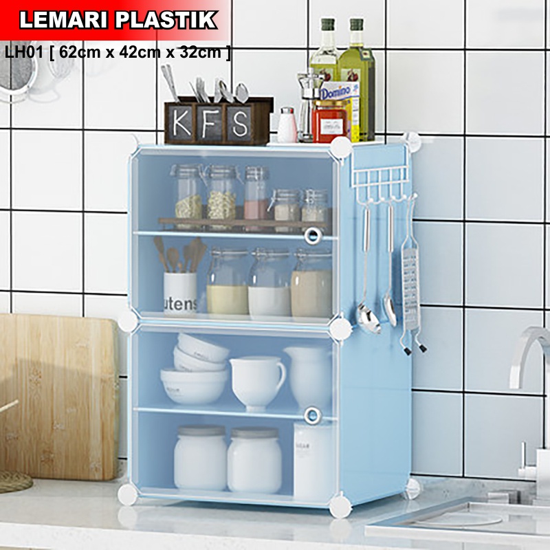 Rak Plastik 4 Susun 2 Pintu Rak Portable Bongkar Pasang Pintu transparan Susun Rak Serbaguna