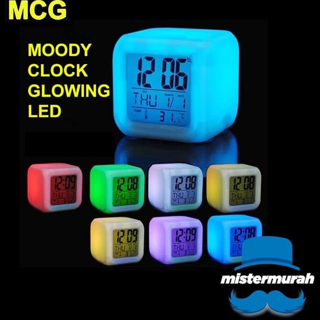 Model Terkini VuI (Berubah Warna Warni) Moody Clock Glowing Jam LED / Jam Meja Kubus Digital Alarm 7