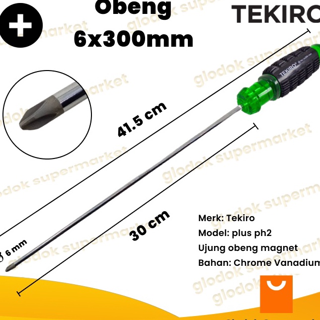 ☈ Obeng Plus 12 inch Tekiro Diameter 6mm Panjang Besi 30cm Magnet Gagang Karet ✲ Terkini