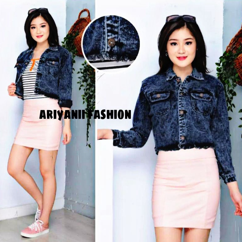 8)GAP1-F Jaket Jeans Crop Top Wanita Rawis Jacket Jins Denim Snow Hitam Cewek Murah Cewe Korean Styl