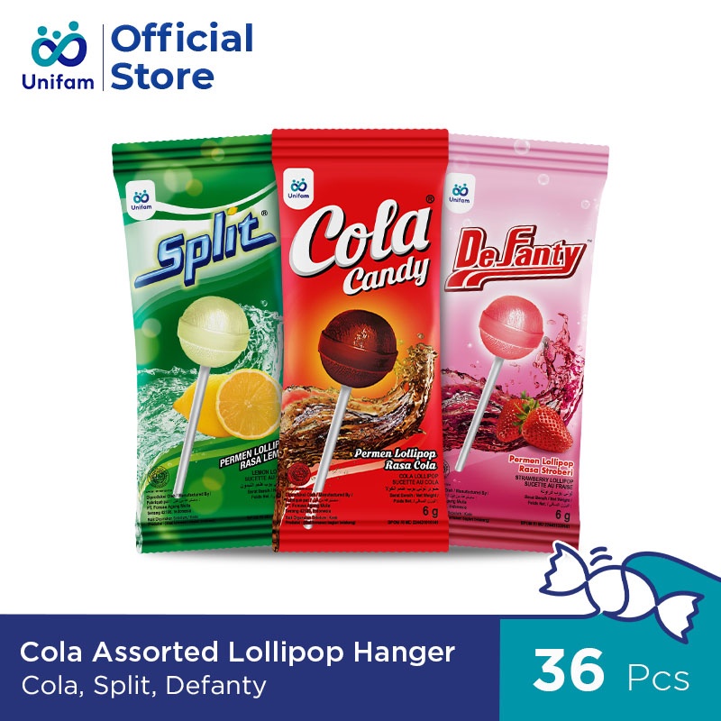 

Cola Split De Fanty Assorted Lollipop Permen Lolipop Unifam 1 Renceng isi 36 pcs @7gr