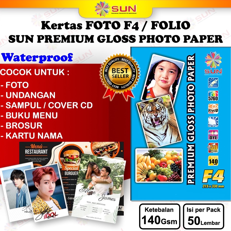 

53 Kertas Foto Folio F4 SUN Premium Photo Paper Glossy Folio 140 Gsm / 240 Gsm 6582