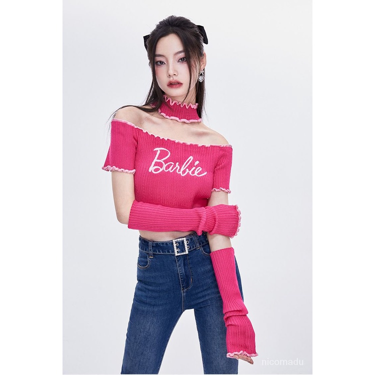 Nico##barbie outfit dewasa/Off Shoulder Sabrina Knit Top/Pink rajut Crop Top+leng00